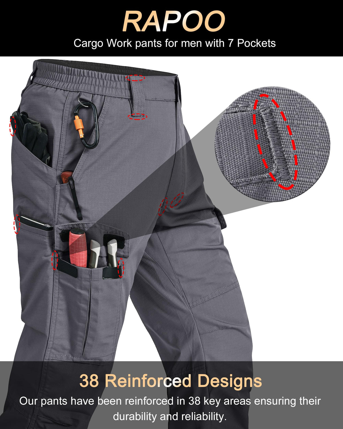 Rapoo Tactical Pants for Men Cargo Working Fishing Hiking Pants for Men with Multi Pockets Elastic Waist Mens Ripstop Construction Carpenter Pants Grey 40Wx30L