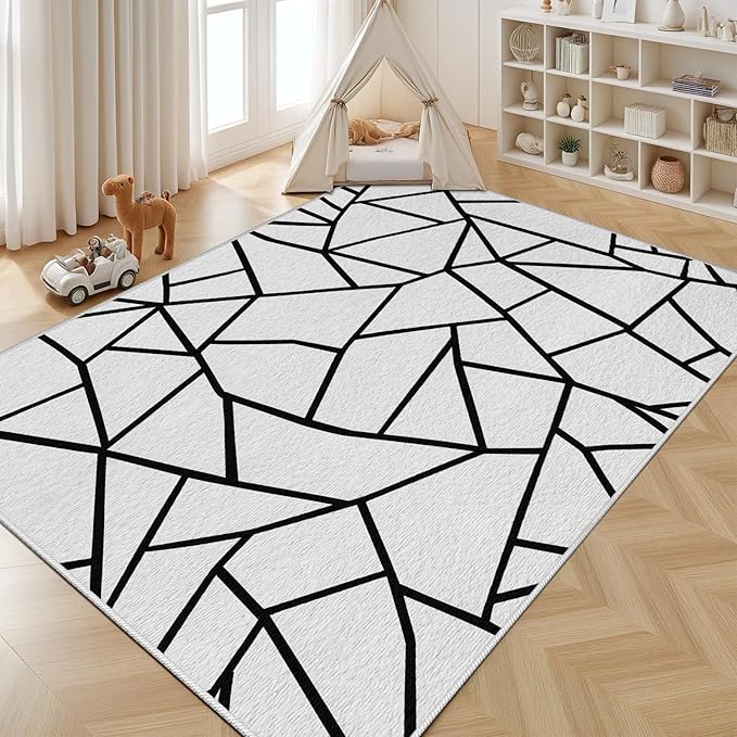 White and Black Rug - Black and White Rug, Geometric Area Rugs 6x9, Modern Abstract Rugs for Living Room Bedroom, Irregular Polygon Carpet Washable Non Slip Home Decor