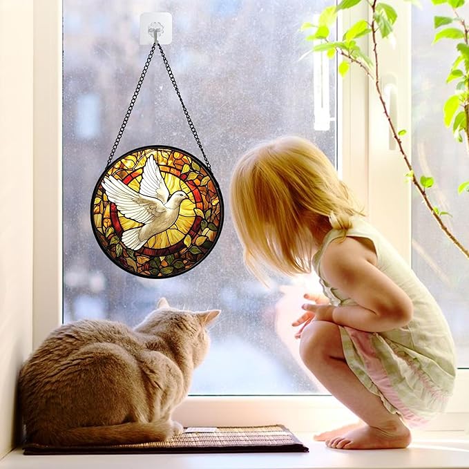 DASTOLL Stained Glass Window Hanging, Flying White Dove Sun Catchers Diamond Glass Panel Hangings Cute Birds Suncatcher Decor for Birthday for Women, Men, Wife, Aunt, and Mom 11.8 in
