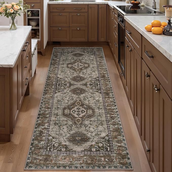 Tangsoo 2.6x8 Washable Runner Rug for Hallways, Non Slip Vintage Runner Rug, Soft Low Pile Long Rug Runner, Print Carpet Runners for Kitchen Bedroom Entryway Bathroom Living Room Grey
