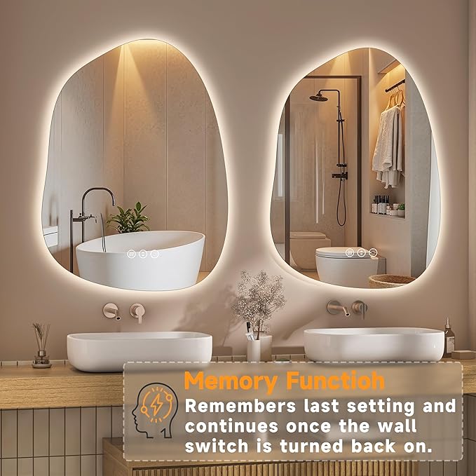 Hasipu Irregular Wall Mirror with Lights- 27"x20"Smart Vanity Mirror with Anti-Fog, 3 Color Modes,Dimmable Light, Memory Function, Backlit Wall Mount, Horizontal/Vertical