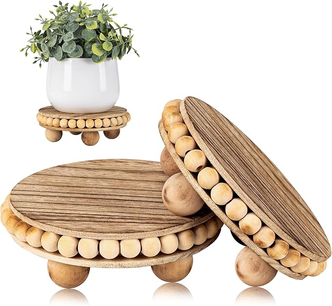 HouseJoy 2Pcs Wood Risers for Display Decorative,Round Beaded Riser Distressed for Decor ,Wooden Farmhouse Coasters Mini Cake Stand Plant Stand,Rustic Pedestal Stand Decor Display Risers for Tiered