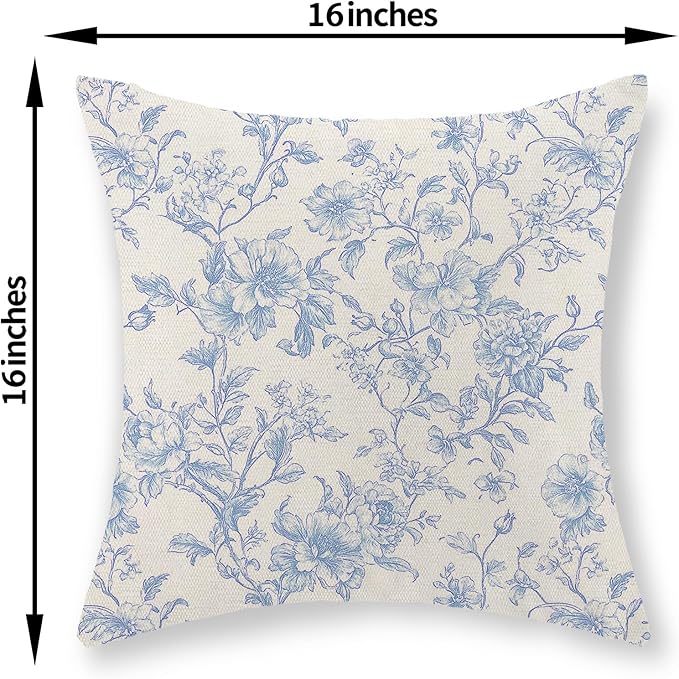 Baby Blue Pillow Covers 16x16 Set of 2 Blue and Cream Floral Chinoiserie Throw Pillows Vintage Rustic Toile Flower Decorative Pillowcase Outdoor Chinoiserie Decor Cushion Case for Couch Sofa