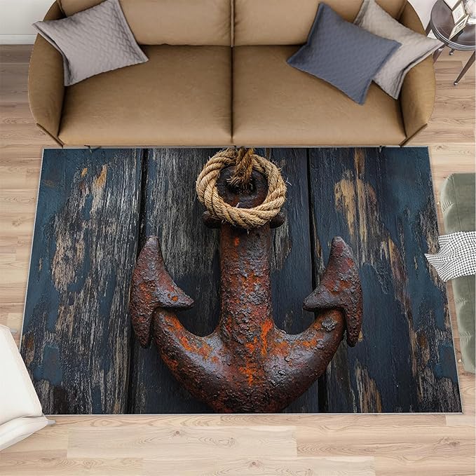 Nautical Anchor 5x8 Area Rugs,Distressed Wood Bedroom Rug Nautical Style Non-Slip Washable Rug for Living Room Nursery Kitchen Low-Pile Carpet