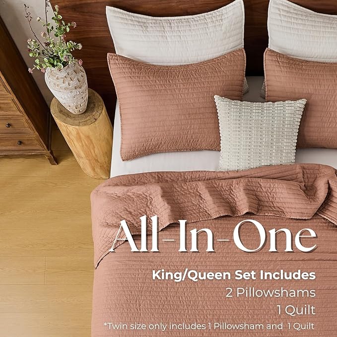 DOWN HOME Twin Quilt Bedding Set with Sham, Vintage Washed Soft Quilted Blanket Thin Comforter Lightweight Bedspread Coverlet Bed Cover, Brushed Microfiber Stripe Stitching, Desert Blush, 66"x92"