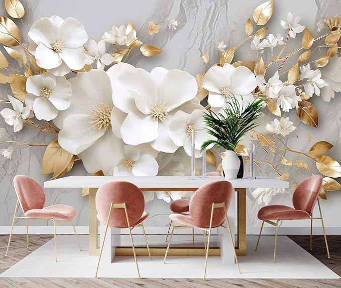 3D Wallpaper Illustration Beige Background Large White Abstract Gold Leaf Flower for Living Room Bedroom Backdrop Decoration（Non-self-Adhesive）