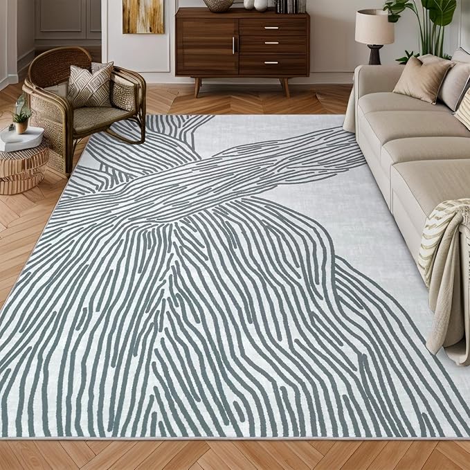YIHOUSE Grey Rug for Living Room, 5×7 Modern Abstract Area Rug, Geometric Contemporary Wave Striped Rugs for Playroom Nursery, Washable Nonslip Large Rug for Bedroom Dining Room
