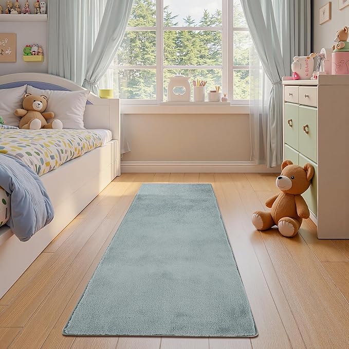 jinchan Solid Plush Runner Rug 2x6 Performance Shaggy Washable Hallway Rug Soft Modern Faux Wool Cozy Non Slip Carpet for Bedroom Laundry Room Living Room Kids Nursery Slate Blue