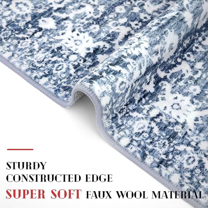 Vintage Floral 2.6x8 Runner Rug, Light Blue White Washable Kitchen Runner Rug Non-Slip Hallway Rug Runner Thin Printed Faux Wool Super Soft Carpet for Entryway Bedroom Laundry Room Indoor