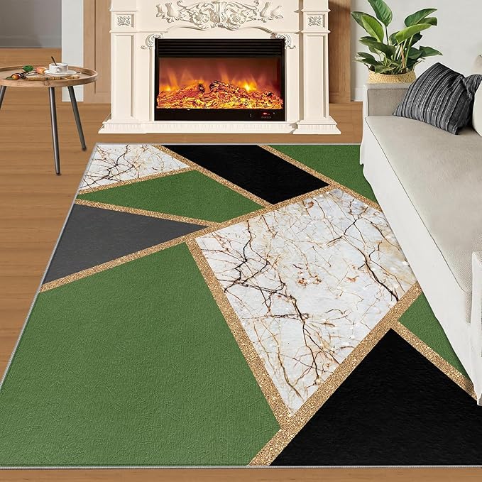 Jadeite Marble Area Rugs 3D Black Gold Marble Rug Light Luxury Geometric Line Carpet Mid-Century Simple Rug Stone Cracks Rugs for Living Room Bedroom 4x5ft