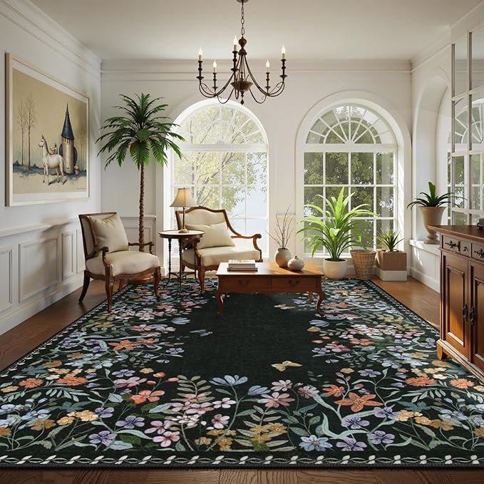 Lahome Boho Floral Black Washable 8x10 Area Rugs for Living Room, Non Slip Rugs for Bedroom, Indoor Throw Dining Room Carpet for Under Table Home Office Playroom(Black,8x10)