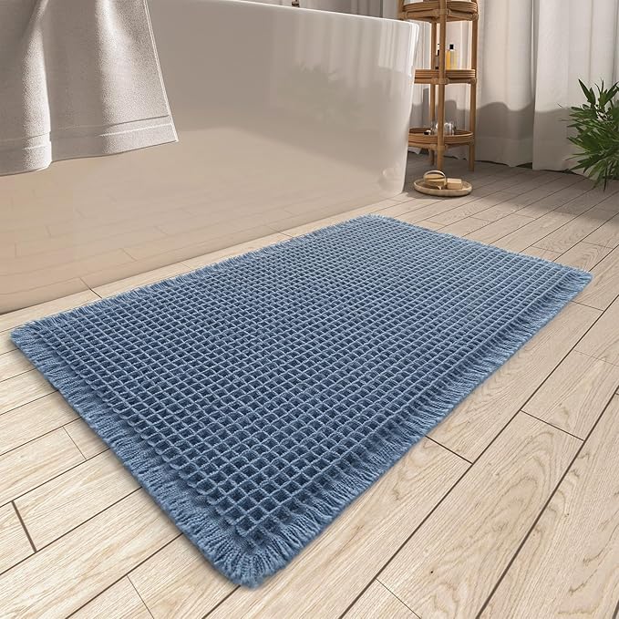 AMOAMI Upgraded Waffle Bath Mat, Super Absorbent Non Slip Bath Mats for Bathroom Floor, Machine Washable Bathroom Rugs with Tassels, Rubber Backed Bathroom Mats, Ultra Soft, 20" x 32", Blue