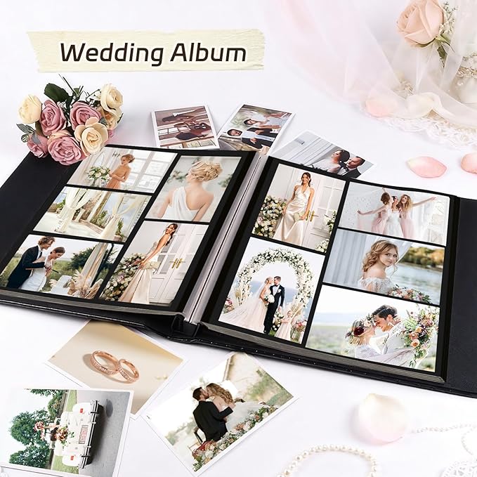 RECUTMS Photo Album 60 Pages Black Inner Button Grain Leather for 4x6 5x7 8x10 Pictures DIY Scrap Large Photo Book Baby Family Wedding Anniversary Self Adhesive Handmake Scrap Book（Wine Red）