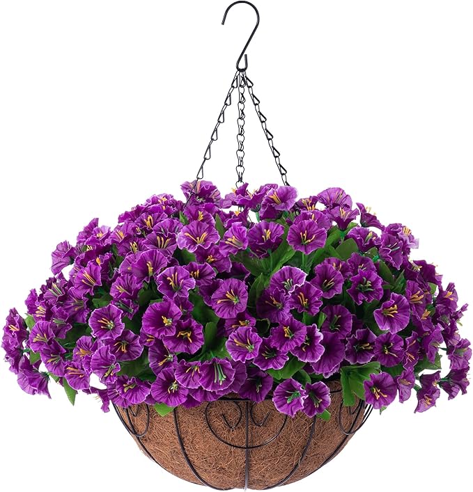 Artificial Hanging Flower Plants with Basket for Spring Summer Outdoor Decoration, Faux Petunias Flowers Fake Morning Glory Planter for Outside Patio Garden Porch Balcony Yard Decor(Lotus)