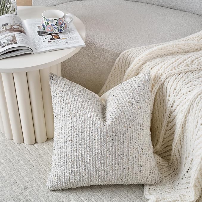 24x24 Cream Grey Throw Pillow Cover Textured Boucle Striped Chic Morden Boho Accent Farmhouse Square Decorative Couch Pillow Cover for Home Decor Bed Sofa Living Room