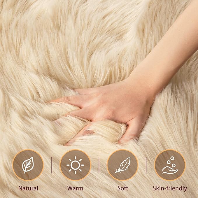 Ciicool Fluffy Faux Fur Area Rug 8 x 10 Feet, Beige Faux Sheepskin Rug Area Rug Large Shag Rug, Thick Shaggy Fuzzy Rugs Floor Carpets for Living Room, Bedroom, Dorm, Luxury Room Decor, Rectangle