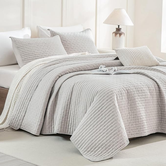 Sanracie Stonewashed Oversized King Quilt(120"x120"), Cotton Light Wheat Color Cross Stitch Pattern California King Quilt Set 3Pcs Ultra Soft Lightweight Crinkle Bed Coverlet Set for All Season