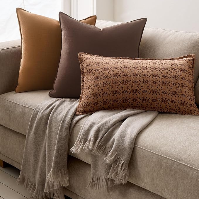 Decorative Throw Pillow Covers Neutral Brown Linen Flange Fall Farmhouse Throw Pillows for Couch Pack of 4 Rustic Cushion Covers for Couch LivingRoom Bed and Balcony Home Decor 20x20 Inch