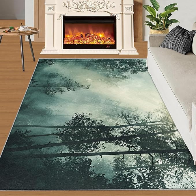 Forest Rug for Living Room, Misty Forest 5x8 Area Rug Natural Landscape Rug for Bedroom Non-Slip Indoor Floor Carpet, Low Pile Resistant Carpet for Dining Room, Office, Home Decor