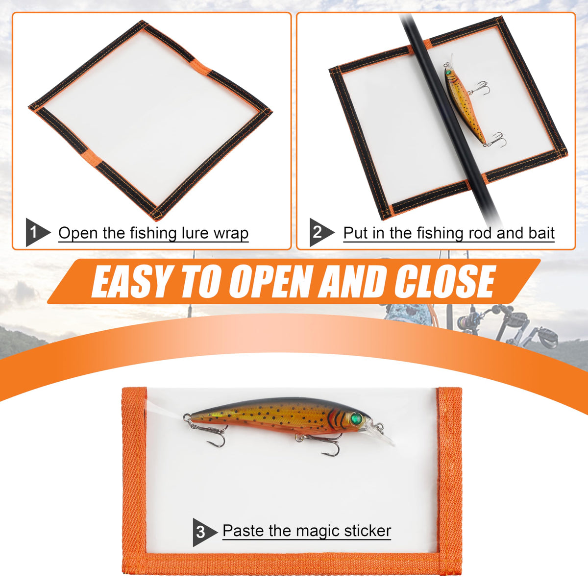 Fishing Lure Wraps for Fishing Rod with Velcro 4 Packs Bait Storage Covers Clear PVC Lure Protector Medium Large Sizes (M+L-ORANGE-4PCS)