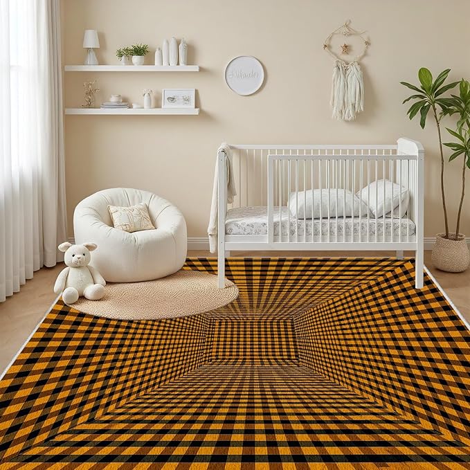 3D Rugs Optical Illusion - Plaid Rug 5x6, Geometric Stripes Soft Neutral Indoor Floor Mats Carpet, Non-Slip Stain Resistant Modern Orange Rug for Bedroom, Living Room Rugs
