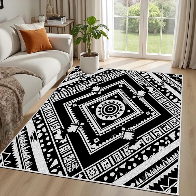 Area Rugs for Living Room 8x10, Moroccan Washable Low Pile Rug, Boho Neutral Farmhouse Ultra Soft Carpet for Bedroom Dining Room Home Decor, Geometric Print Tribal Carpets Black and White