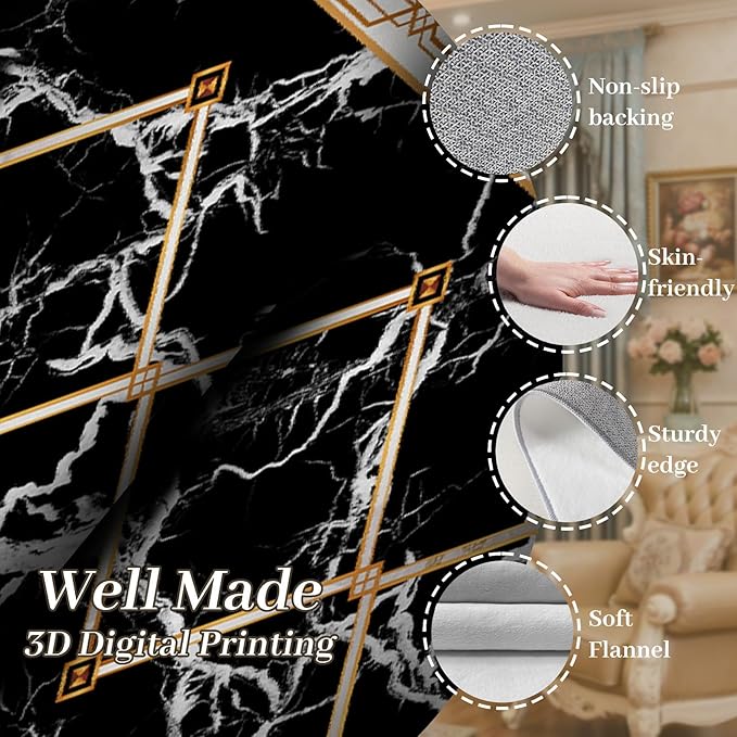 Abstract Marble Texture Throw Carpet Runner for Entrance, 2x10ft, Luxury Gold Geometric Line Bedroom Rug, Dirty Resistant Absorbent Bathroom Decor Washable Area Carpet for Office