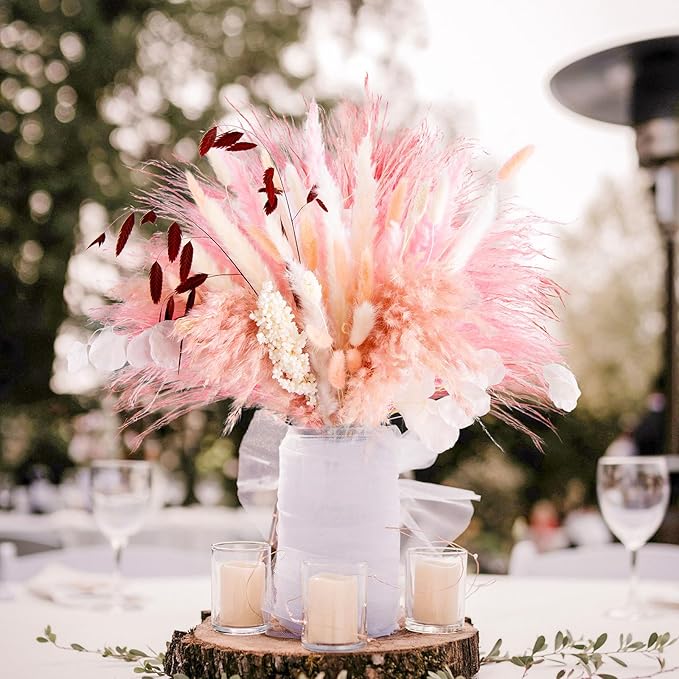 N&T NETING 85Pcs Pink Pampas Grass Decor, Natural Dried Floral Pampas Grass, Boho Home Decor, Fluffy Dried Pompas Grass for Home Wedding Boho Beach Theme Bedroom Decor