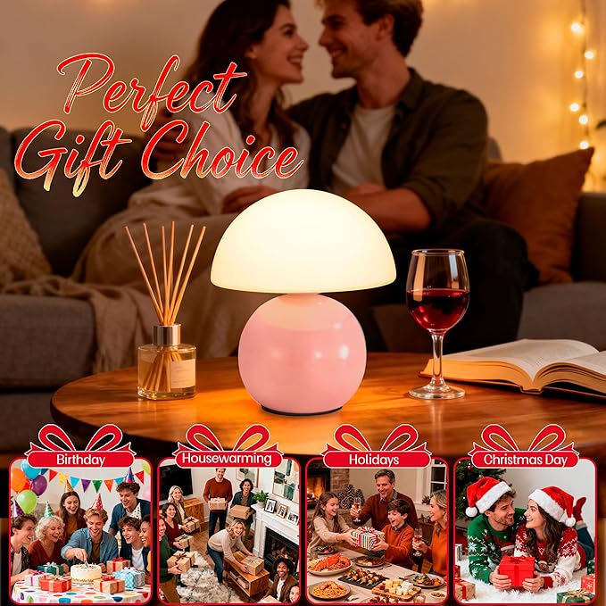 Cute Small Mushroom Lamp Decor,USB-Plug in Bedside Table Lamps with 3-Temperature LED Bulb Dimmable,Modern Aesthetic Home Decor for Livingroom/Bedroom/Dorm/Nursery (Pink with Plug)