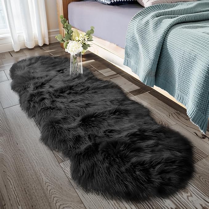 Ciicool Ultra Soft Faux Sheepskin Fur Rug Fluffy Rug for Bedroom Fuzzy Carpet for Living Room Kid's Room Nursery Decor, Black 2 x 6 Feet