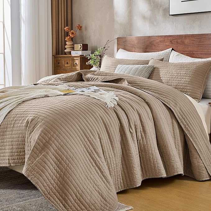 DOWN HOME King Quilt Bedding Set with Shams, Vintage Washed Soft Quilted Blanket Thin Comforter Lightweight Bedspread Coverlet Bed Cover, Brushed Microfiber Stripe Stitching, Brown, 104"x90"