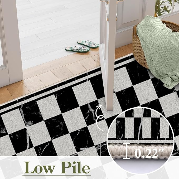 Grey Black Checkered Kitchen Hallway Carpet, 4x12ft, Abstract Black Marble Indoor Decor Washable Rugs, Durable Soft Cozy Non Slip Rug, Breathable Non Shedding Mats for Front Porch