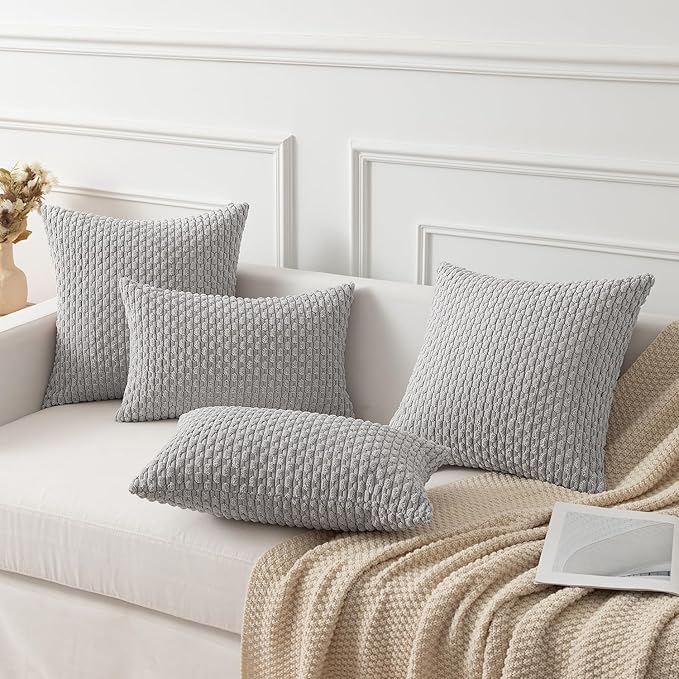 Kevin Textile Decor Solid Decorative Pillow Case Striped Jacquard Cushion Cover for Lumbar Light Grey 12x20 Inch (30x50cm) 2 Pieces