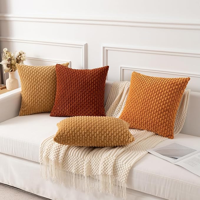 Kevin Textile Throw Pillow Covers Soft Corduroy Decorative Set of 2 Boho Striped Pillow Covers Pillowcases Farmhouse Home Decor for Couch Bed Sofa Living Room 12x20 Inch Gold