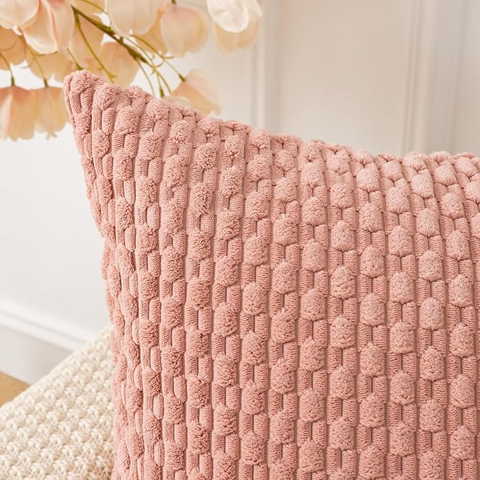 Kevin Textile Throw Pillow Covers Soft Corduroy Decorative Set of 2 Valentines Day Boho Striped Pillow Covers Pillowcases Farmhouse Home Decor for Couch Bed Sofa Living Room 16x16 Inch Baby Pink