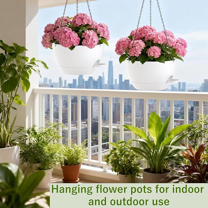 2 Pack Hanging Planters for Indoor Outdoor Plants, 12Inch Self Watering Hanging Pot with Drainage Holes and Saucer, Plastic Plant Pots, White Flower Pots for Kitchen, Balcony, Garden