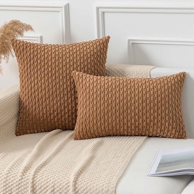 Kevin Textile Throw Pillow Covers Soft Corduroy Decorative Set of 2 Boho Striped Pillow Covers Pillowcases Farmhouse Home Decor for Couch Bed Sofa Living Room 22x22 Inch Khaki