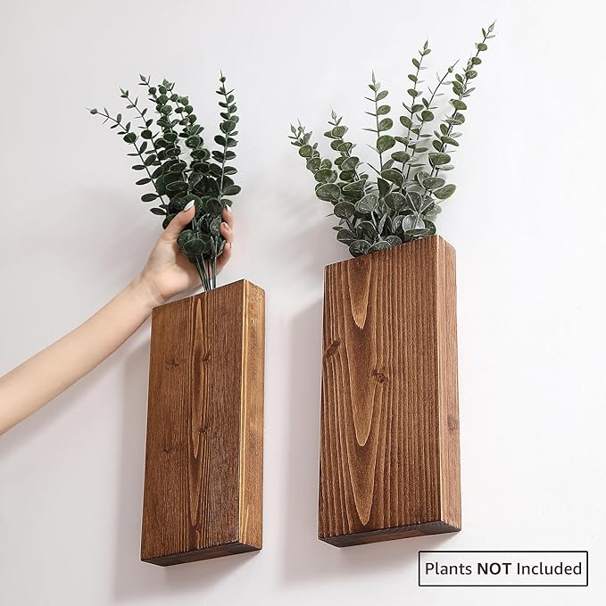 Wood Wall Planter Set of 2, Wood Wall Pocket for Greenery and Dried Flowers, Indoor Hanging Vase, Modern Farmhouse Wall Decor for Living Room Bedroom Office Eucalyptus Stems Decorations (Walnut)