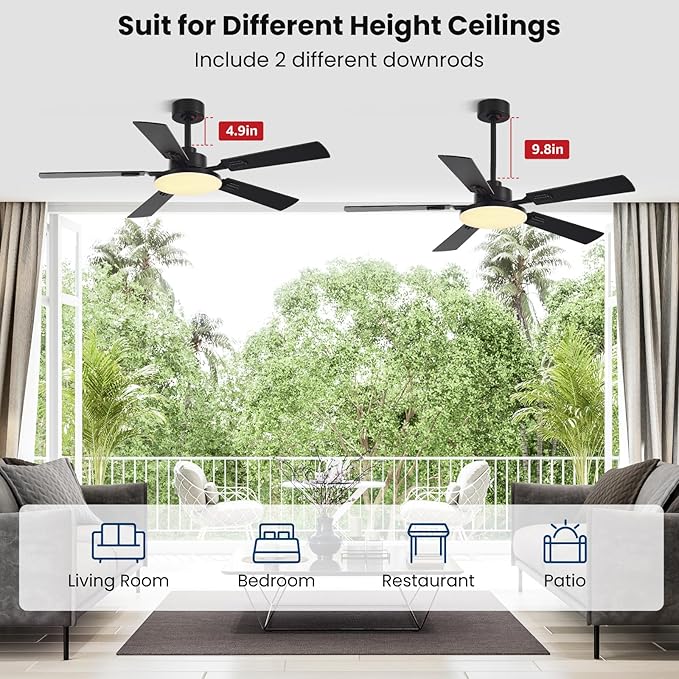 52 Inch Ceiling Fans with Lights and Remote for Bedroom Living Room Kitchen Office, Indoor/Outdoor Use, 5CCT Dimmable, 5 Blades 6 Speed Reversible Quiet DC Motor, Black/Wood Grain, 2 Pack