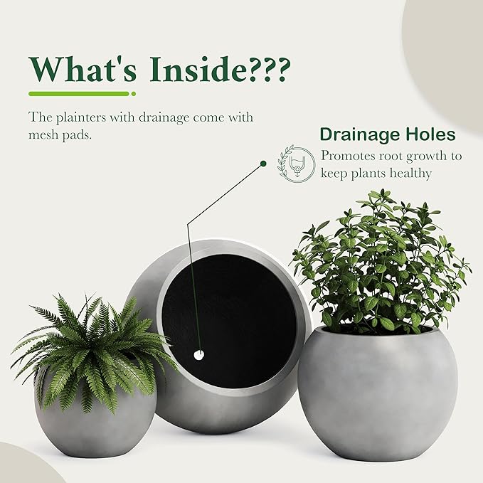 DTY Signature Mount Sherman 19.7''D x 21.7''H Modern Indoor Outdoor Fiberstone Sphere Planter, Durable Round Garden Pot, Weather Resistant, Drainage Hole & Rubber Plug - Large, Gray
