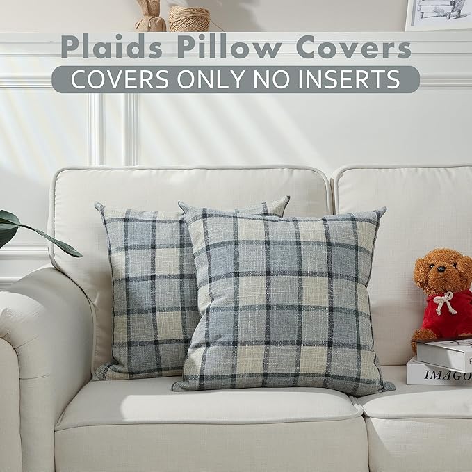 Stellhome Pack of 2 Faux Linen Buffalo Check Throw Pillow Covers, Farmhouse Plaid Decorative Cushion Covers for Couch Sofa Living Room, 26x26 Inch, Light Grey