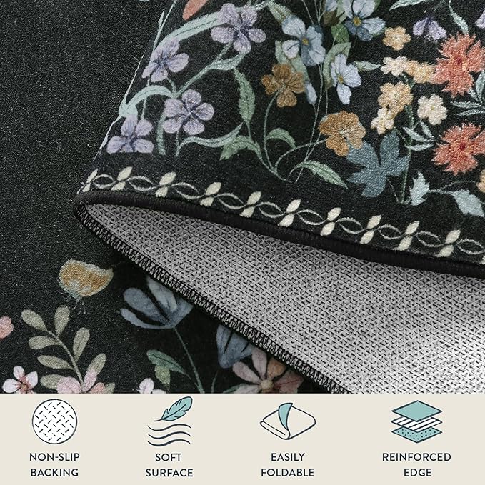 Lahome Boho Floral Black Washable 8x10 Area Rugs for Living Room, Non Slip Rugs for Bedroom, Indoor Throw Dining Room Carpet for Under Table Home Office Playroom(Black,8x10)