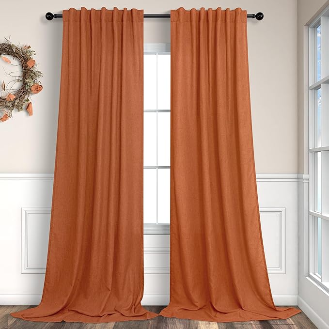 Burnt Orange Curtains 90 Inches Long for Living Room 2 Panels Set Back Tab Rod Pocket Linen Semi Sheer Copper Brown Rust Colored Curtain for Bedroom Dining Office Western Southwest Decor 52x90 Length