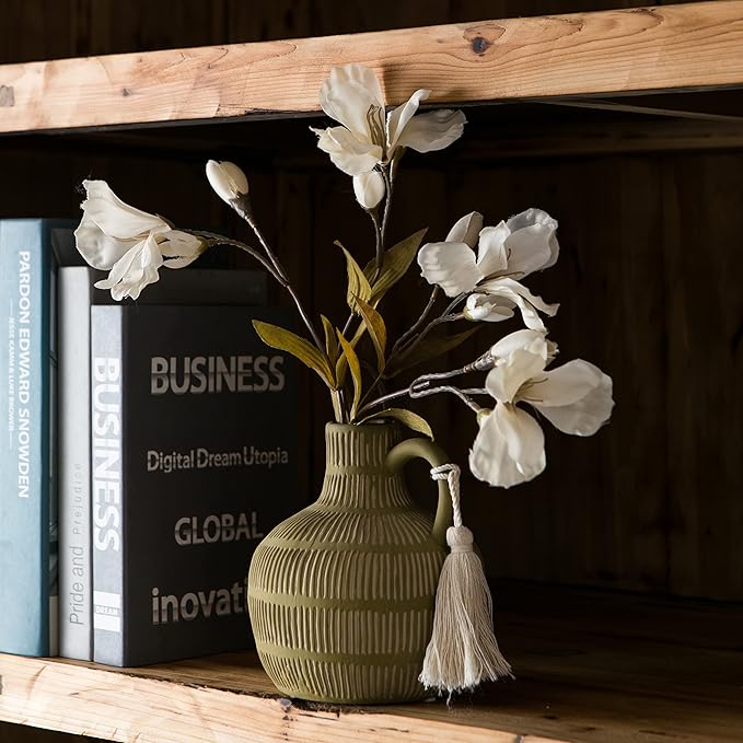 Farmhouse Vase with Handle and Tassel, Grey Yellow Vertical Stripes Design Clay Vase 10'' Tall - Ceramic Flower Vase for Rustic Home Decor, for Fireplace Kitchen Living Room Centerpieces