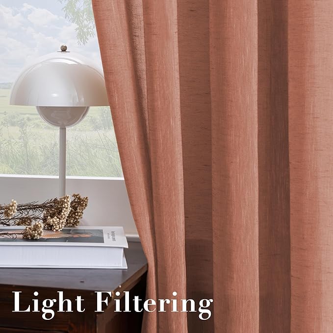 H.VERSAILTEX Linen Curtains Natural Linen Blended Curtain Panels for Living Room/Light Reducing Linen Semi Sheer Curtains 2 Panels Set Nickel Grommet Window Panels (52x108 Inch, Terracotta)