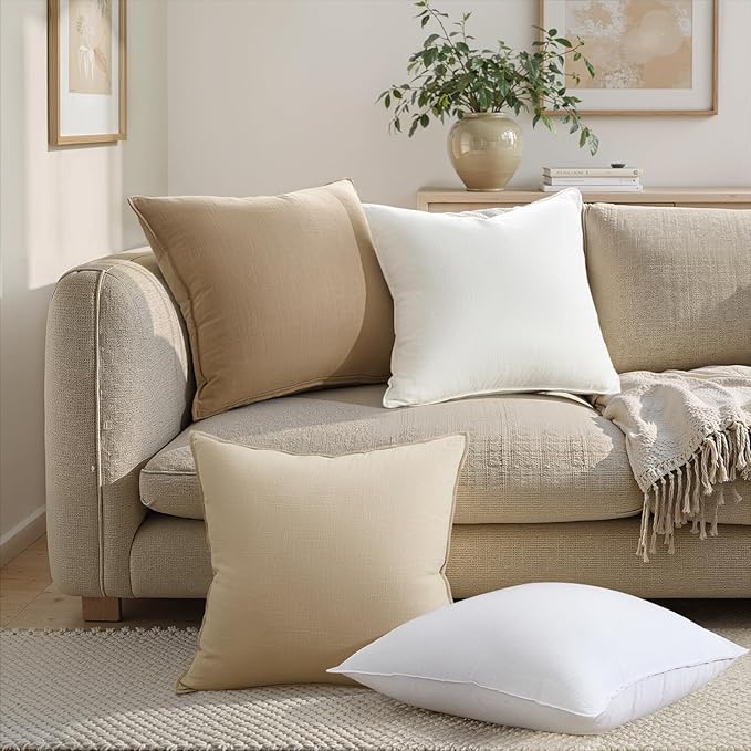 Natural Throw Pillow Covers with Press Edge Design Pack of 4 Solid Linen Decorative Pillow Covers Soft Accent Boho Pillowcases Modern for Couch Bed Living Room Balcony and Car 16x16 Inch
