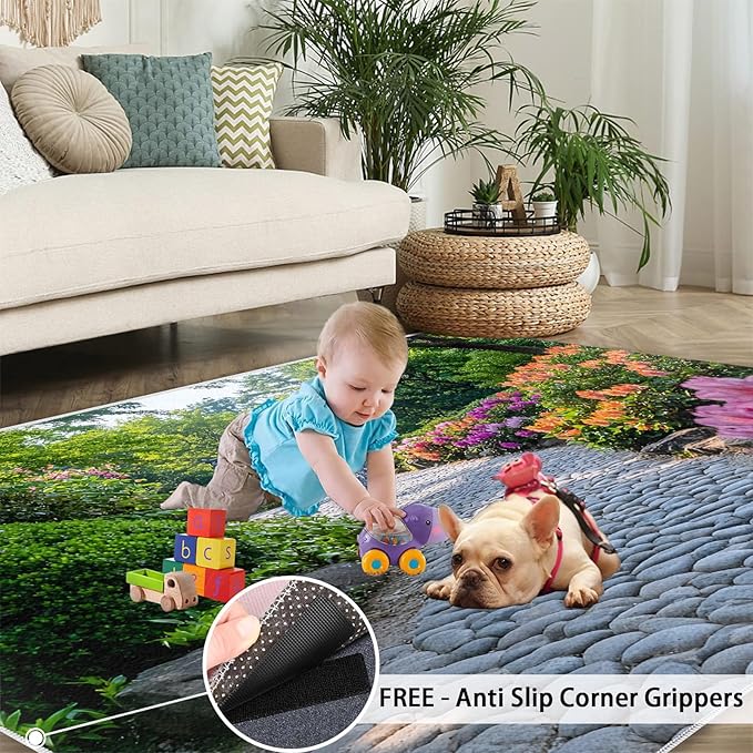 Japanese Gardens Washable Area Rugs 5x7 Non-Slip Garden Art Living Room Rug Eastern Aesthetics Soft for Carpet Low Pile Indoor Door Mat & Room Decor