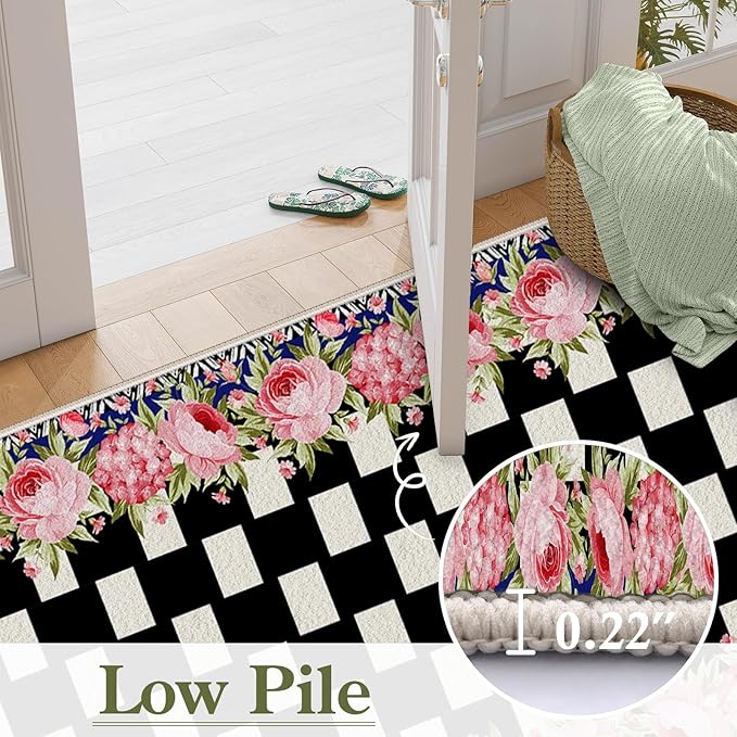 Checkered Floral Design Runner Rug for Entryway, 4x12ft, Pink Rose Luxury Fall Decor Area Carpets for Bedroom, Absorbent Machine Washable Shed Resistant Non-Slip Throw Rugs for Entry