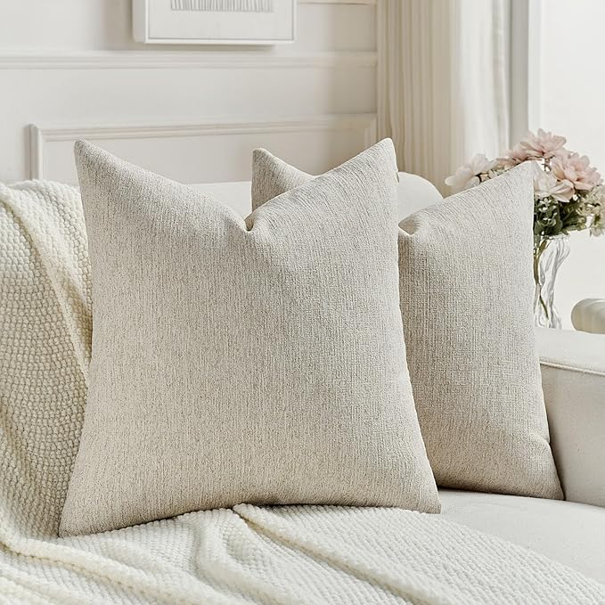 FUTEI Natural Linen Chenille Decorative Throw Pillow Covers 18x18 Inch Set of 2,Soft Cozy Faux Linen Textured Cushion Case,Farmhouse Home Decor for Couch Living Room