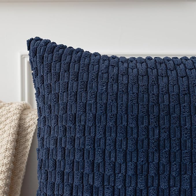 Kevin Textile Euro Sham Pillow Covers 28x28 Inch 2 Packs Soft Boho Striped Corduroy Decorative Throw Pillows for Living Room Couch Bed Sofa Rustic Farmhouse Home Decor 71x71cm Navy Blue
